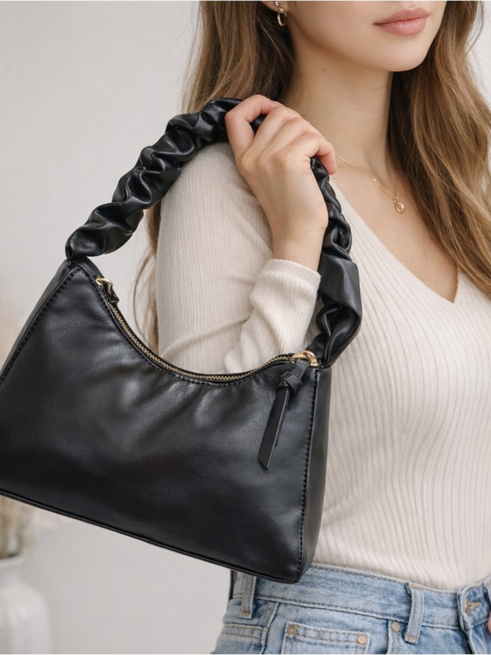 Black Ruched Baguette Shoulder Bag | Minimal Chic